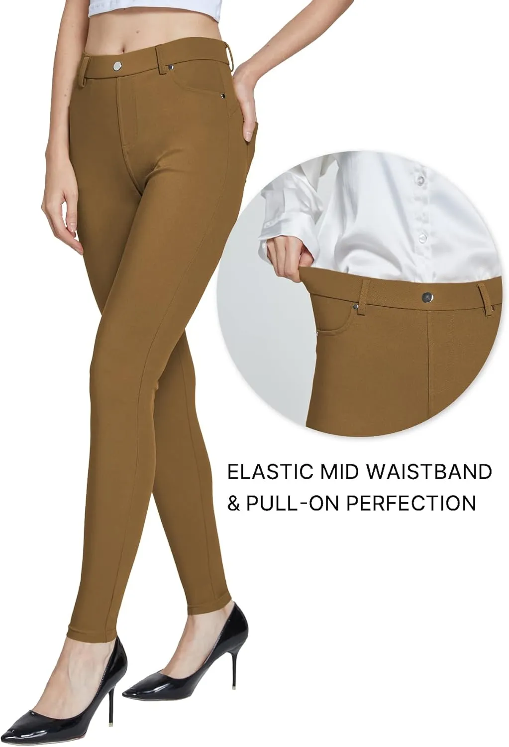 Women's Dress Pants Pull-on Super Stretch Business Casual Jeggings Capris Work Leggings with Pockets