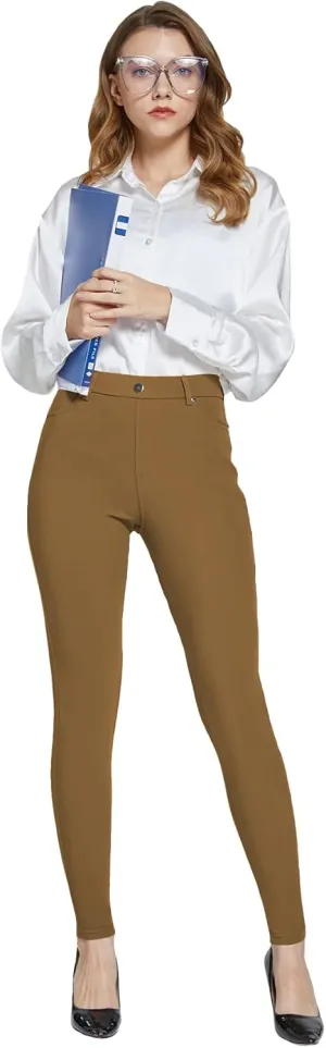 Women's Dress Pants Pull-on Super Stretch Business Casual Jeggings Capris Work Leggings with Pockets
