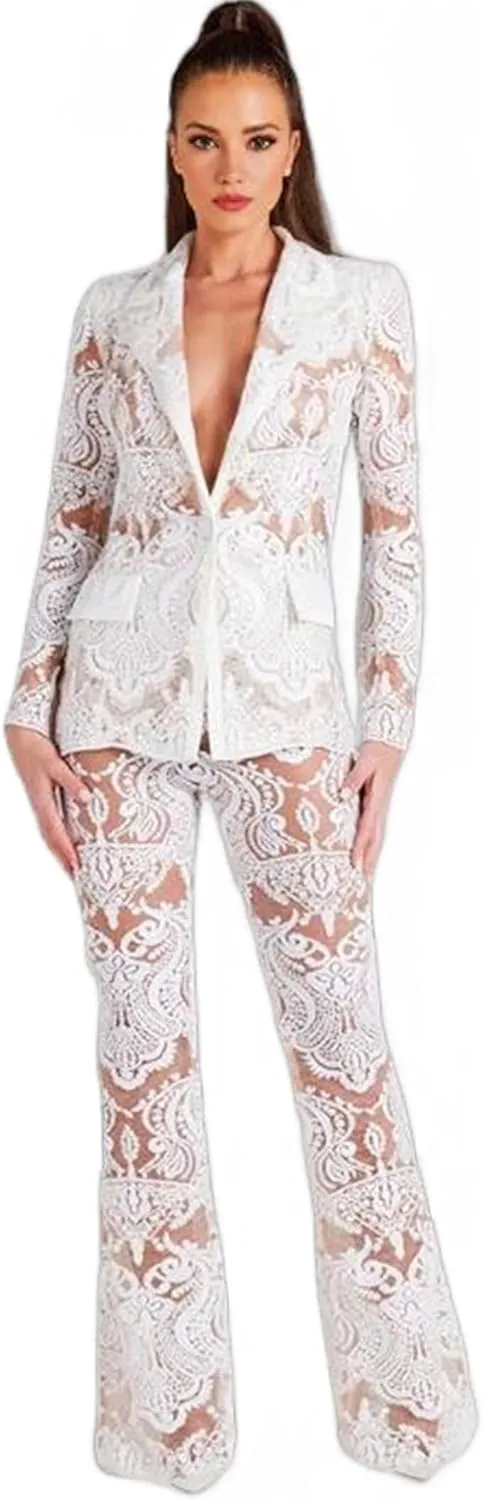 Women's Floral Lace Mesh 2 Piece Sets Suits Women Elegant Hollow Bridal Suiting for Wedding Party