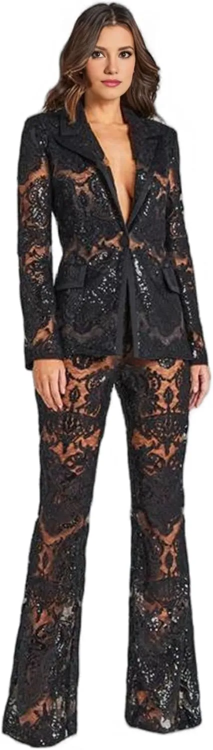 Women's Floral Lace Mesh 2 Piece Sets Suits Women Elegant Hollow Bridal Suiting for Wedding Party