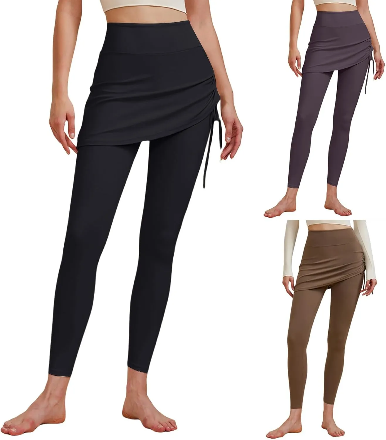 Women's High Waisted Yoga Skirt with Leggings Stretchy Drawstring Side Ruched Skirted Ankle Tights Gym Workout Skorts