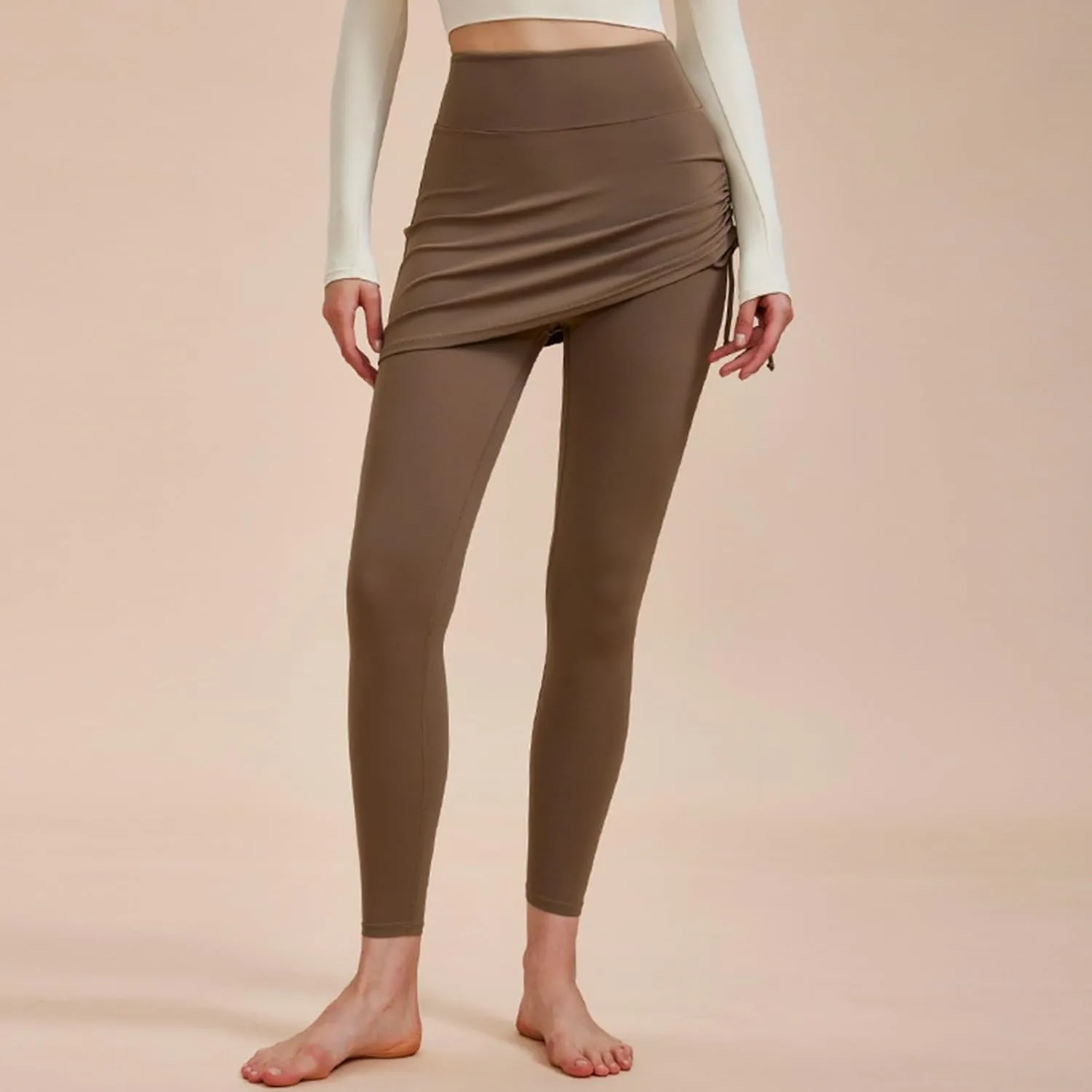 Women's High Waisted Yoga Skirt with Leggings Stretchy Drawstring Side Ruched Skirted Ankle Tights Gym Workout Skorts