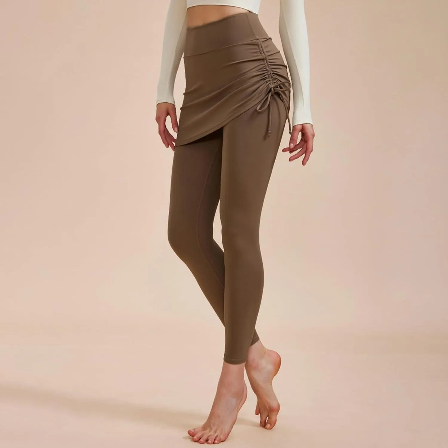 Women's High Waisted Yoga Skirt with Leggings Stretchy Drawstring Side Ruched Skirted Ankle Tights Gym Workout Skorts