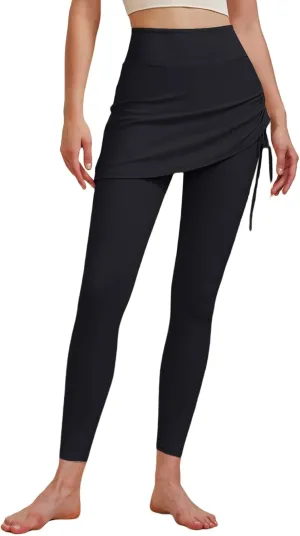 Women's High Waisted Yoga Skirt with Leggings Stretchy Drawstring Side Ruched Skirted Ankle Tights Gym Workout Skorts