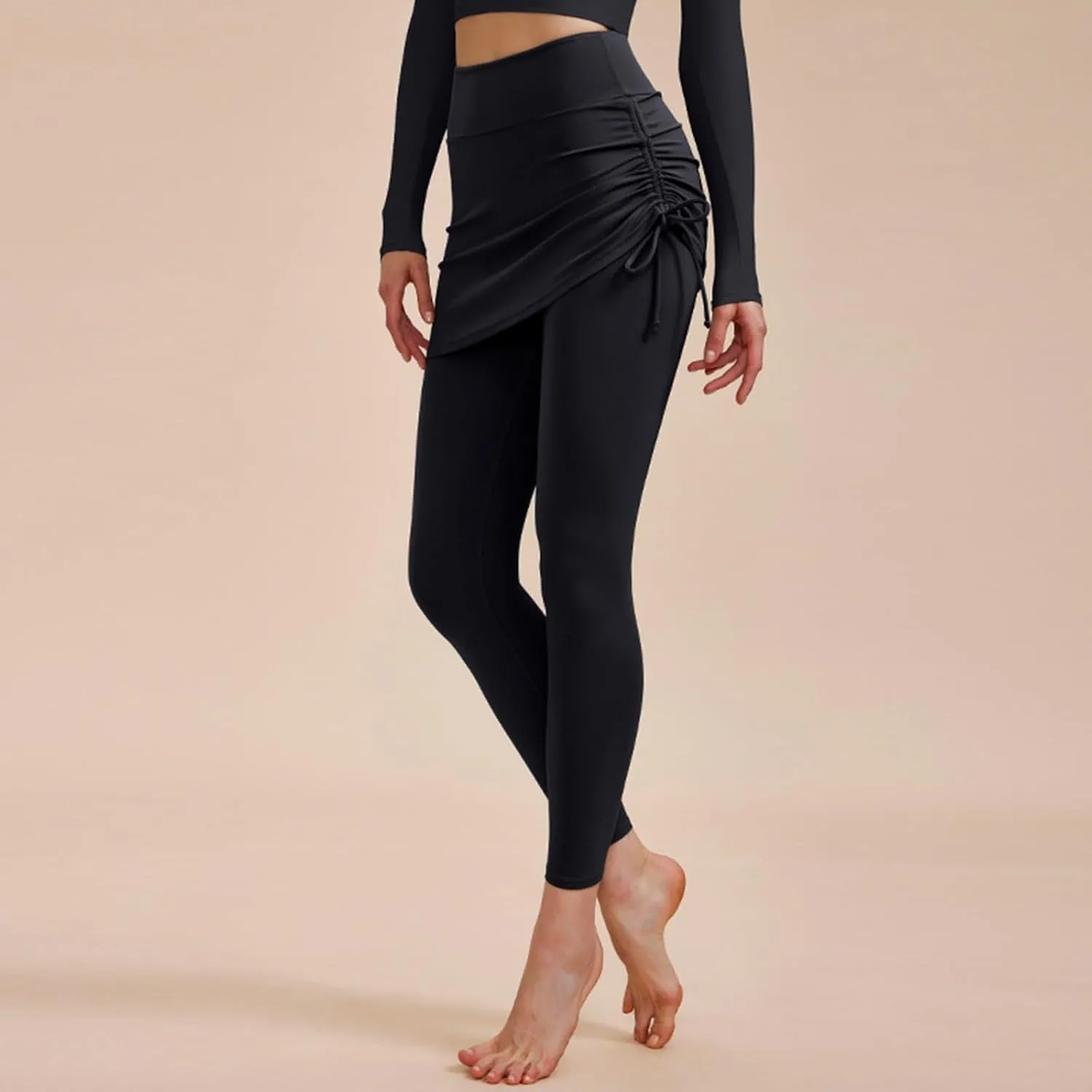 Women's High Waisted Yoga Skirt with Leggings Stretchy Drawstring Side Ruched Skirted Ankle Tights Gym Workout Skorts