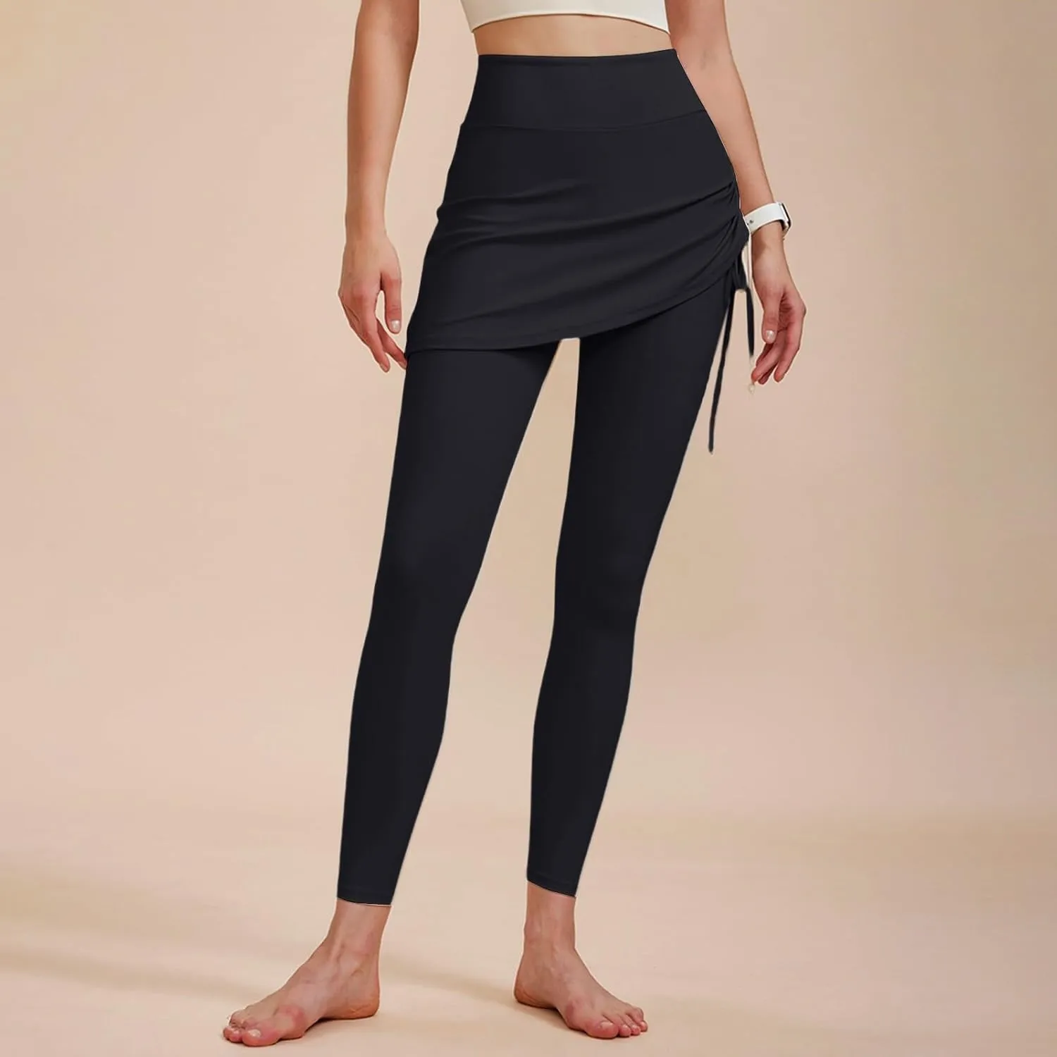 Women's High Waisted Yoga Skirt with Leggings Stretchy Drawstring Side Ruched Skirted Ankle Tights Gym Workout Skorts