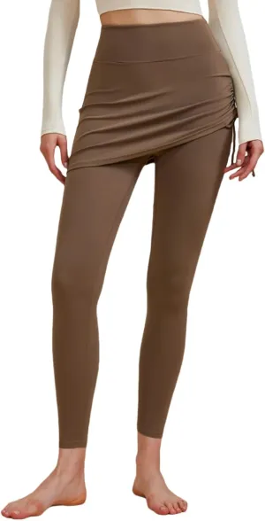 Women's High Waisted Yoga Skirt with Leggings Stretchy Drawstring Side Ruched Skirted Ankle Tights Gym Workout Skorts