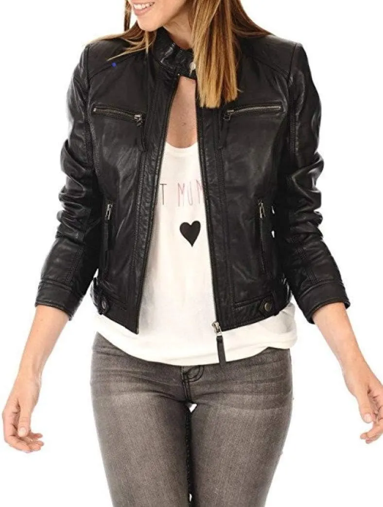 Women's Lambskin Leather Bomber Biker Jacket