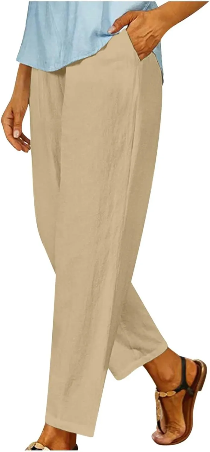 Womens Lightweight Cotton Linen Trousers Summer Solid Color Straight Tube Elastic Waist Wide Leg Pants with Pockets