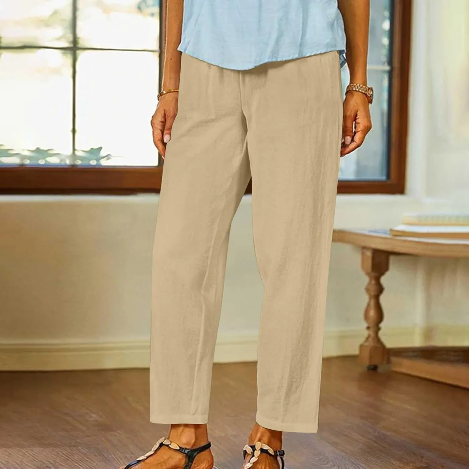 Womens Lightweight Cotton Linen Trousers Summer Solid Color Straight Tube Elastic Waist Wide Leg Pants with Pockets