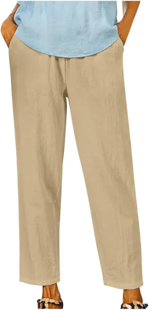 Womens Lightweight Cotton Linen Trousers Summer Solid Color Straight Tube Elastic Waist Wide Leg Pants with Pockets