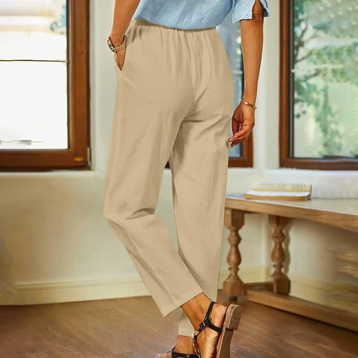 Womens Lightweight Cotton Linen Trousers Summer Solid Color Straight Tube Elastic Waist Wide Leg Pants with Pockets