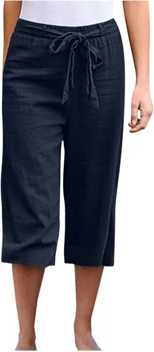 Women's Linen Blend Summer Floral Palazzo Pants Elastic Waisted Bootcut Plus Size Palazzo Lounge Pants Trendy