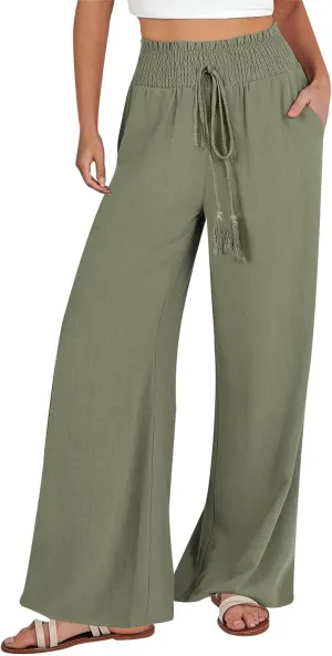Womens Linen Blend Summer Floral Palazzo Pants Elastic Waisted Stretchy Loose Fit Pant Trousers Vacation