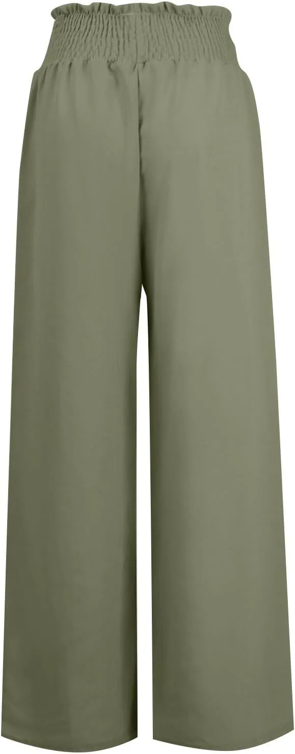 Womens Linen Blend Summer Floral Palazzo Pants Elastic Waisted Stretchy Loose Fit Pant Trousers Vacation