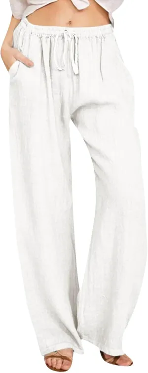 Women's Linen Blend Summer Loose Palazzo Pants Elastic Waisted Baggy Stretchy Loose Fit Palazzo Lounge Pants