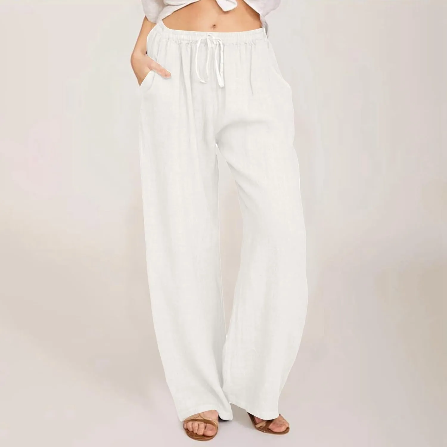 Women's Linen Blend Summer Loose Palazzo Pants Elastic Waisted Baggy Stretchy Loose Fit Palazzo Lounge Pants