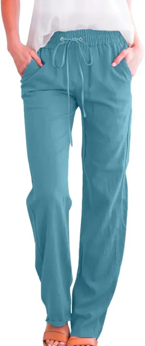 Womens Linen Blend Summer Trendy Palazzo Pants Low Waist Lounge Pants Slim-Fit Trousers Travel