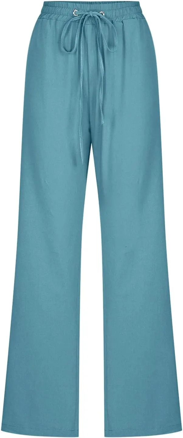 Womens Linen Blend Summer Trendy Palazzo Pants Low Waist Lounge Pants Slim-Fit Trousers Travel