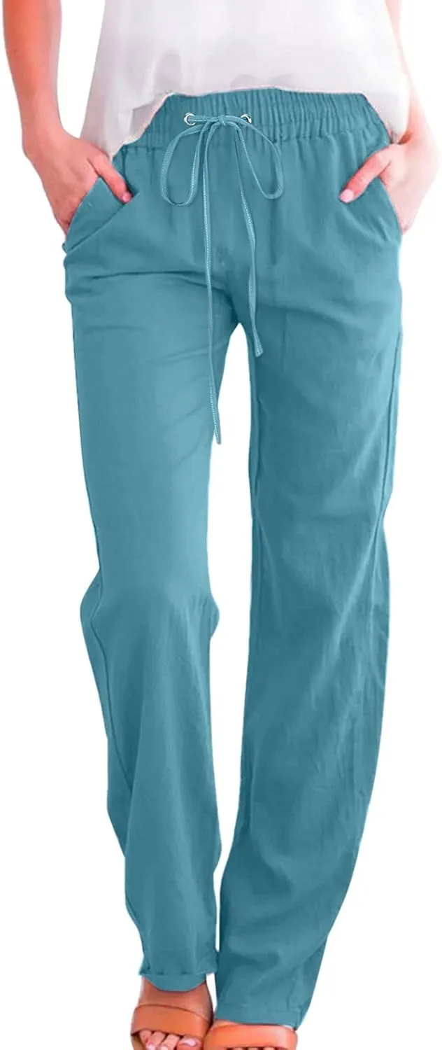 Womens Linen Blend Summer Trendy Palazzo Pants Low Waist Lounge Pants Slim-Fit Trousers Travel