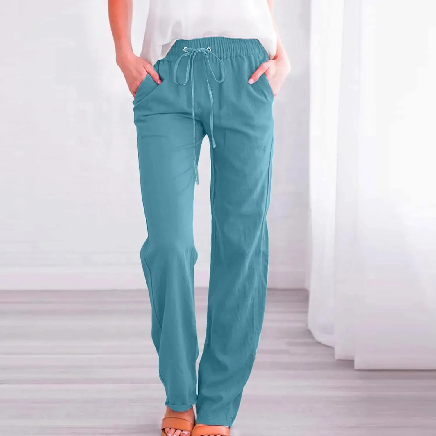 Womens Linen Blend Summer Trendy Palazzo Pants Low Waist Lounge Pants Slim-Fit Trousers Travel