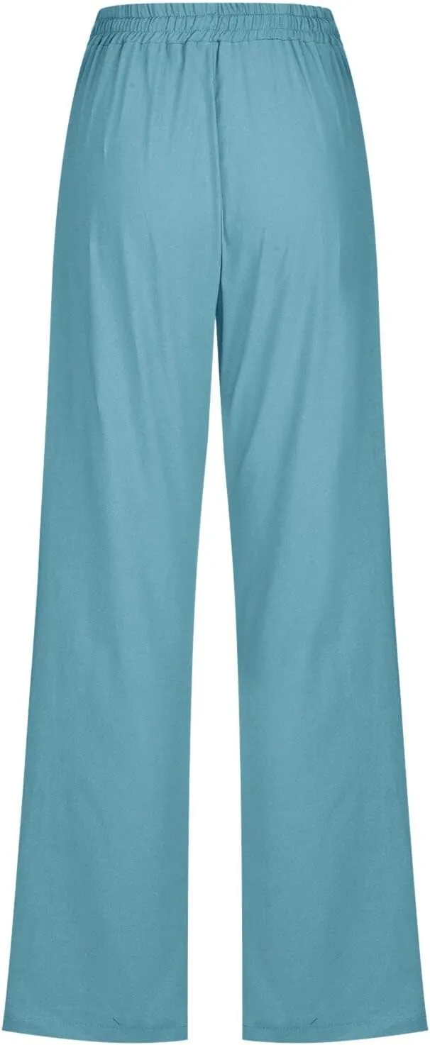 Womens Linen Blend Summer Trendy Palazzo Pants Low Waist Lounge Pants Slim-Fit Trousers Travel
