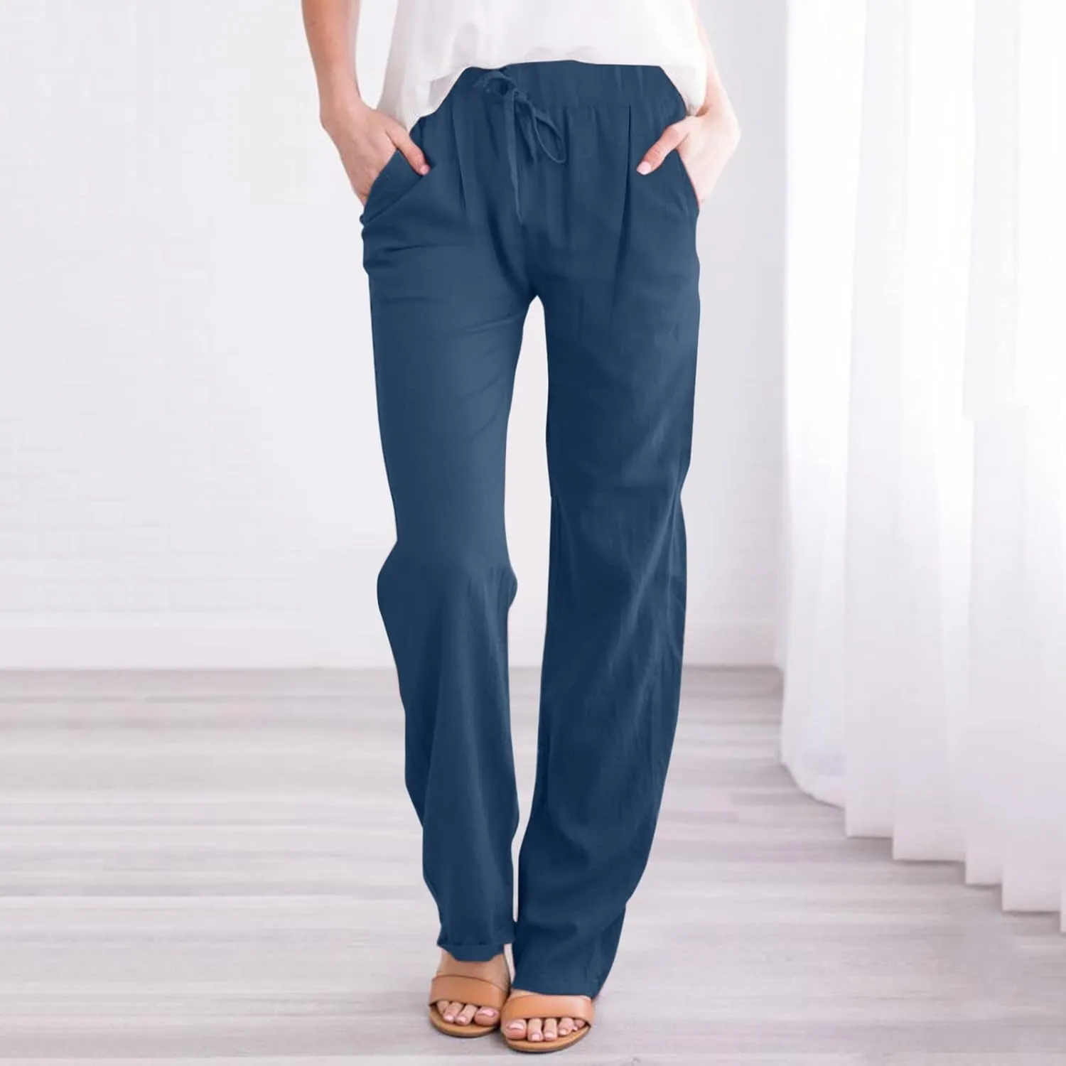 Womens Linen Pants 2025 Summer Drawstring High Waist Loose Fit Wide Leg Lightweight Trousers with Pockets