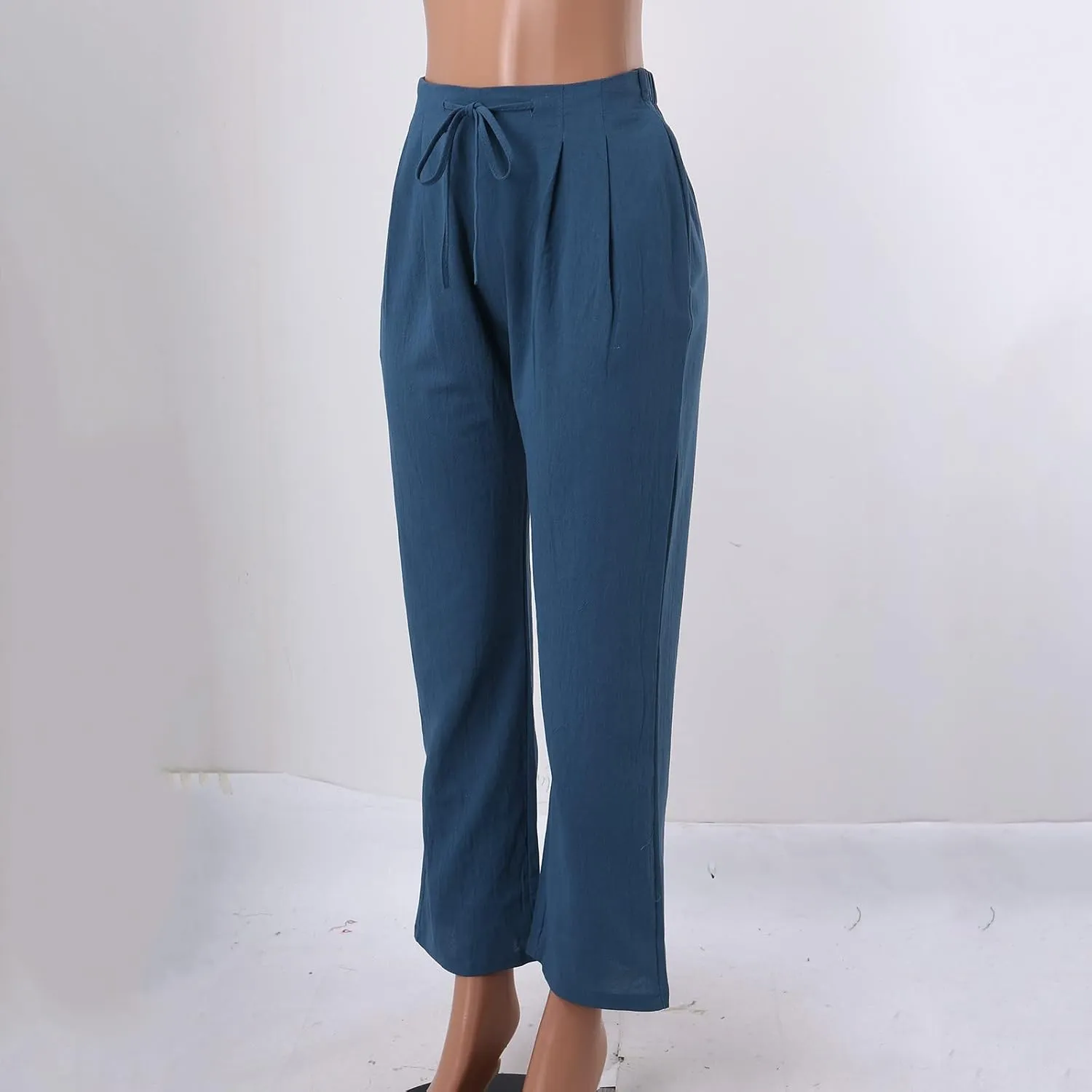 Womens Linen Pants 2025 Summer Drawstring High Waist Loose Fit Wide Leg Lightweight Trousers with Pockets
