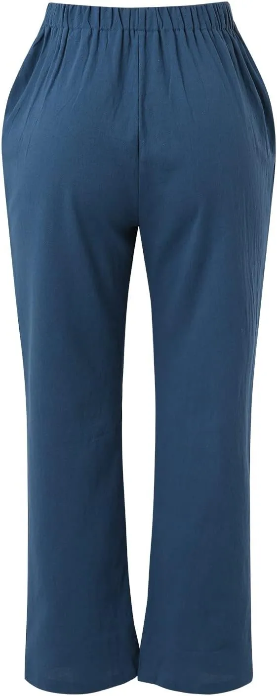 Womens Linen Pants 2025 Summer Drawstring High Waist Loose Fit Wide Leg Lightweight Trousers with Pockets