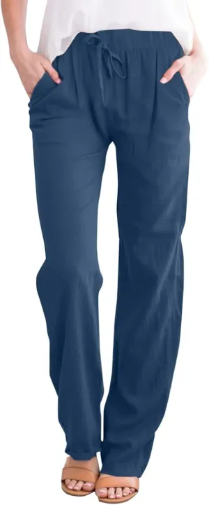 Womens Linen Pants 2025 Summer Drawstring High Waist Loose Fit Wide Leg Lightweight Trousers with Pockets