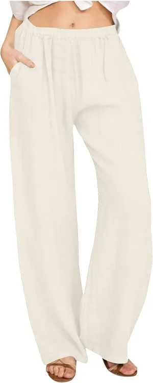 Womens Linen Pants Straight Leg Plus Size High Waisted Linen Pants Women Casual Beach Trousers with Pockets