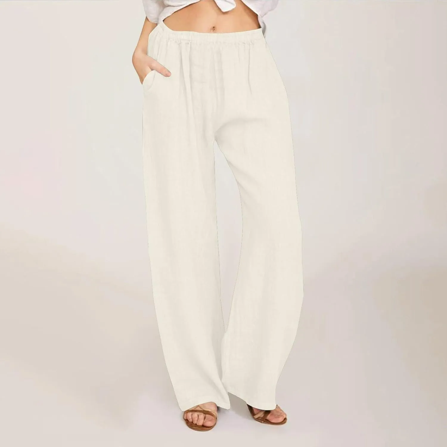Womens Linen Pants Straight Leg Plus Size High Waisted Linen Pants Women Casual Beach Trousers with Pockets