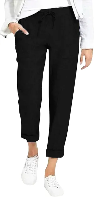 Women's Linen Summer Baggy Palazzo Pants Elastic Waisted Stretchy Loose Fit Palazzo Lounge Pants Office