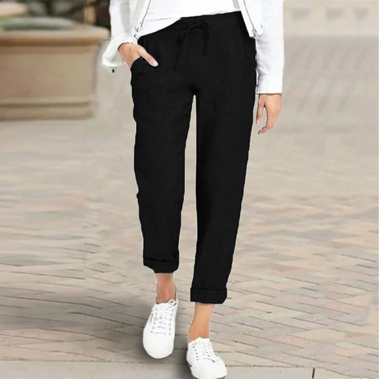 Women's Linen Summer Baggy Palazzo Pants Elastic Waisted Stretchy Loose Fit Palazzo Lounge Pants Office