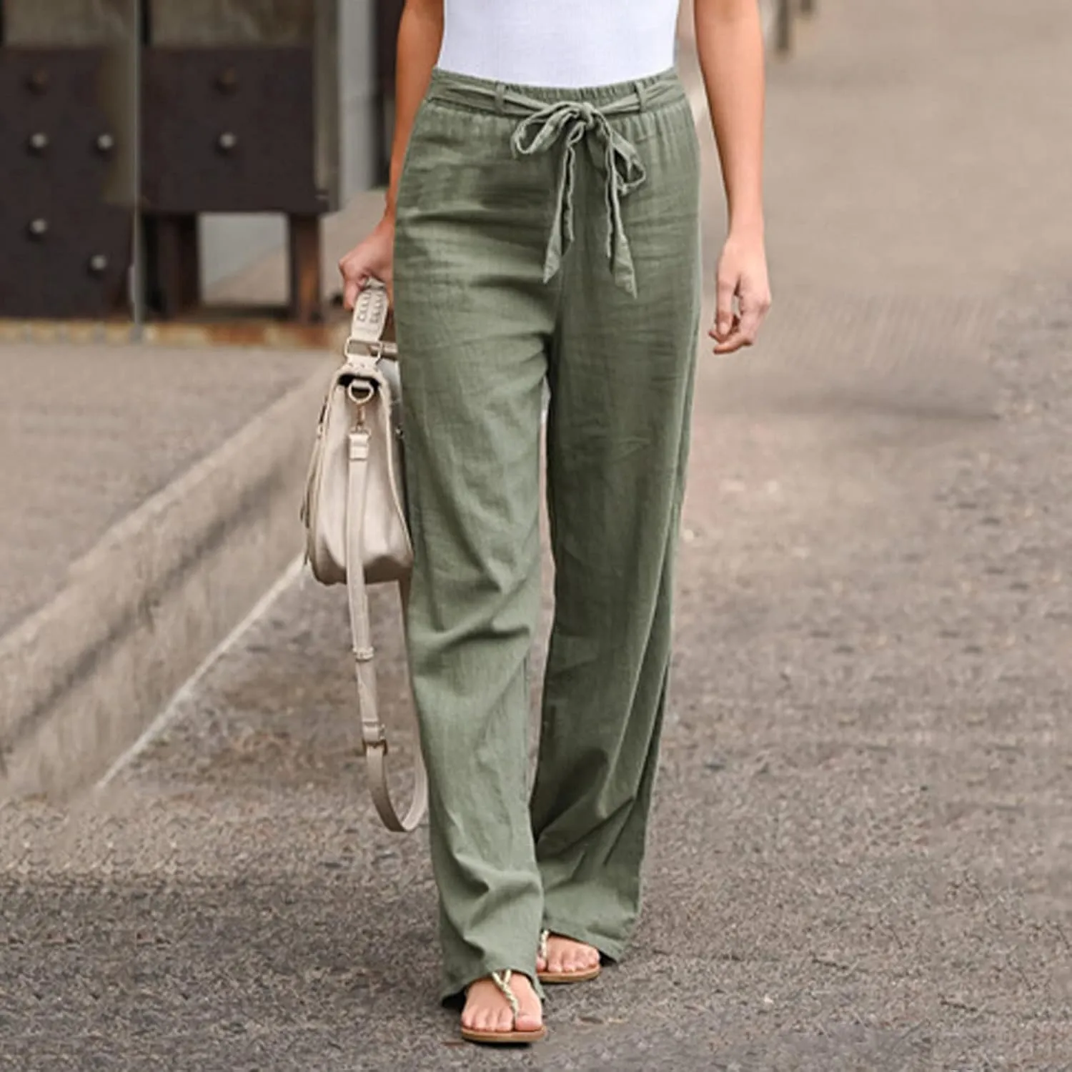 Women's Linen Summer Baggy Pants Elastic Waist Long Lounge Slim-Fit Trousers Trendy