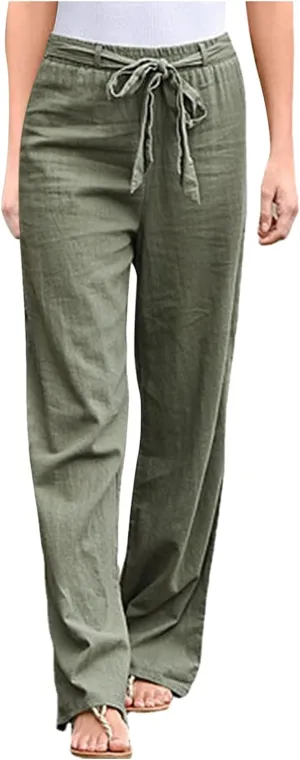 Women's Linen Summer Baggy Pants Elastic Waist Long Lounge Slim-Fit Trousers Trendy