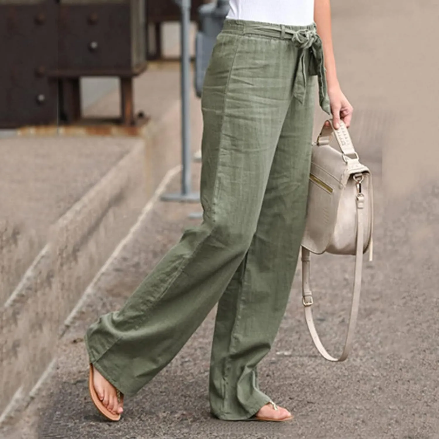 Women's Linen Summer Baggy Pants Elastic Waist Long Lounge Slim-Fit Trousers Trendy