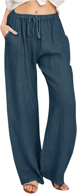 Womens Linen Summer Loose Pant Trousers Low Waist Stretchy Straight Loose Fit Trouser Office