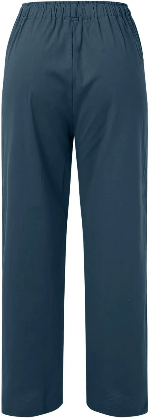 Womens Linen Summer Loose Pant Trousers Low Waist Stretchy Straight Loose Fit Trouser Office