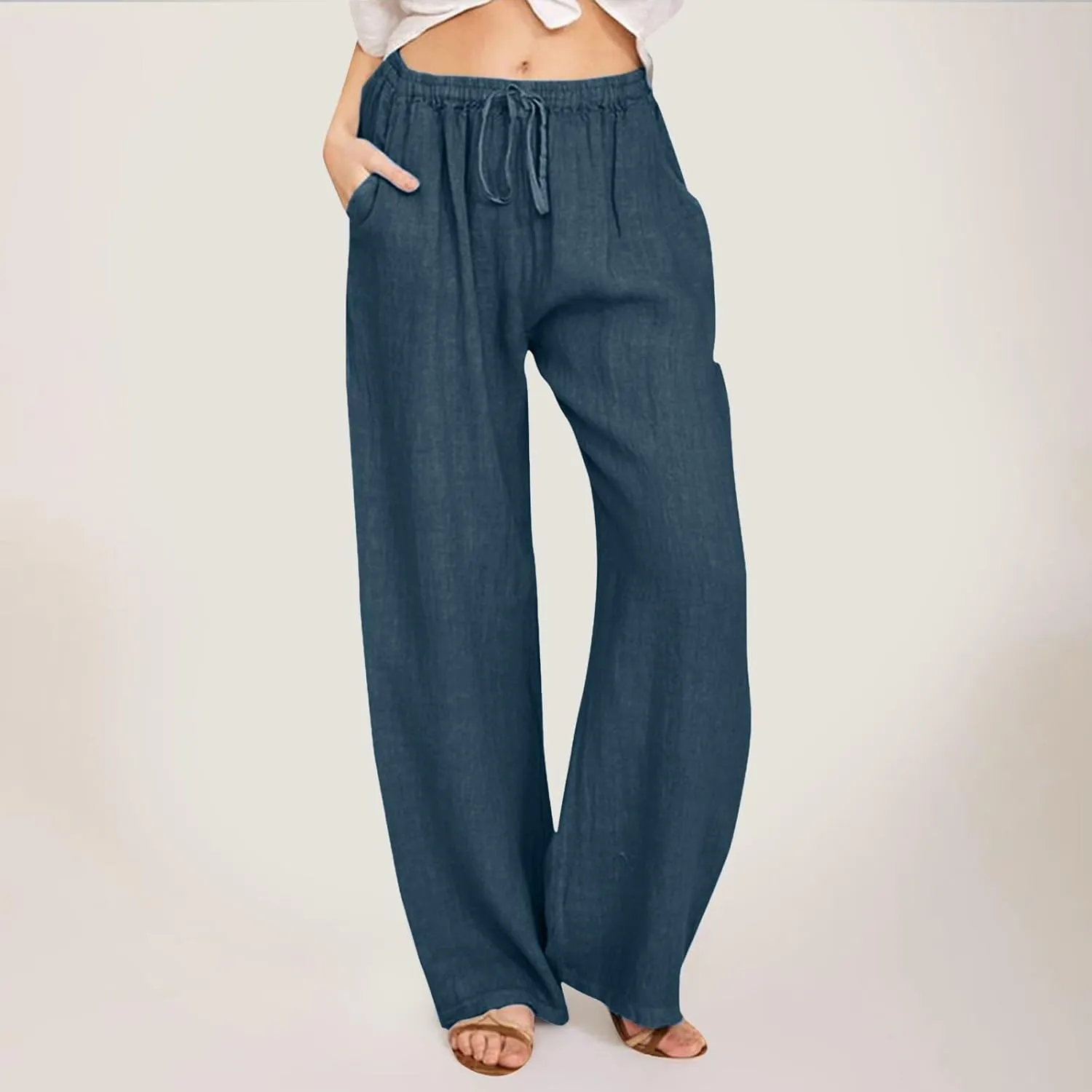 Womens Linen Summer Loose Pant Trousers Low Waist Stretchy Straight Loose Fit Trouser Office