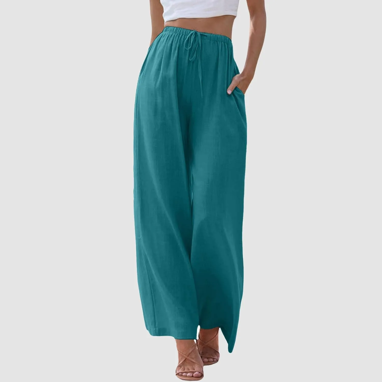 Womens Linen Summer Trendy Palazzo Lounge Pants Elastic Waisted Bootcut Plus Size Palazzo Lounge Pants