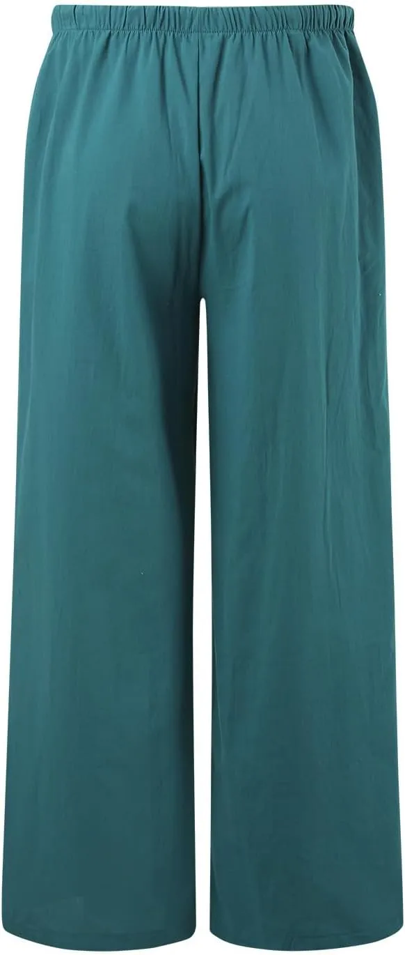 Womens Linen Summer Trendy Palazzo Lounge Pants Elastic Waisted Bootcut Plus Size Palazzo Lounge Pants