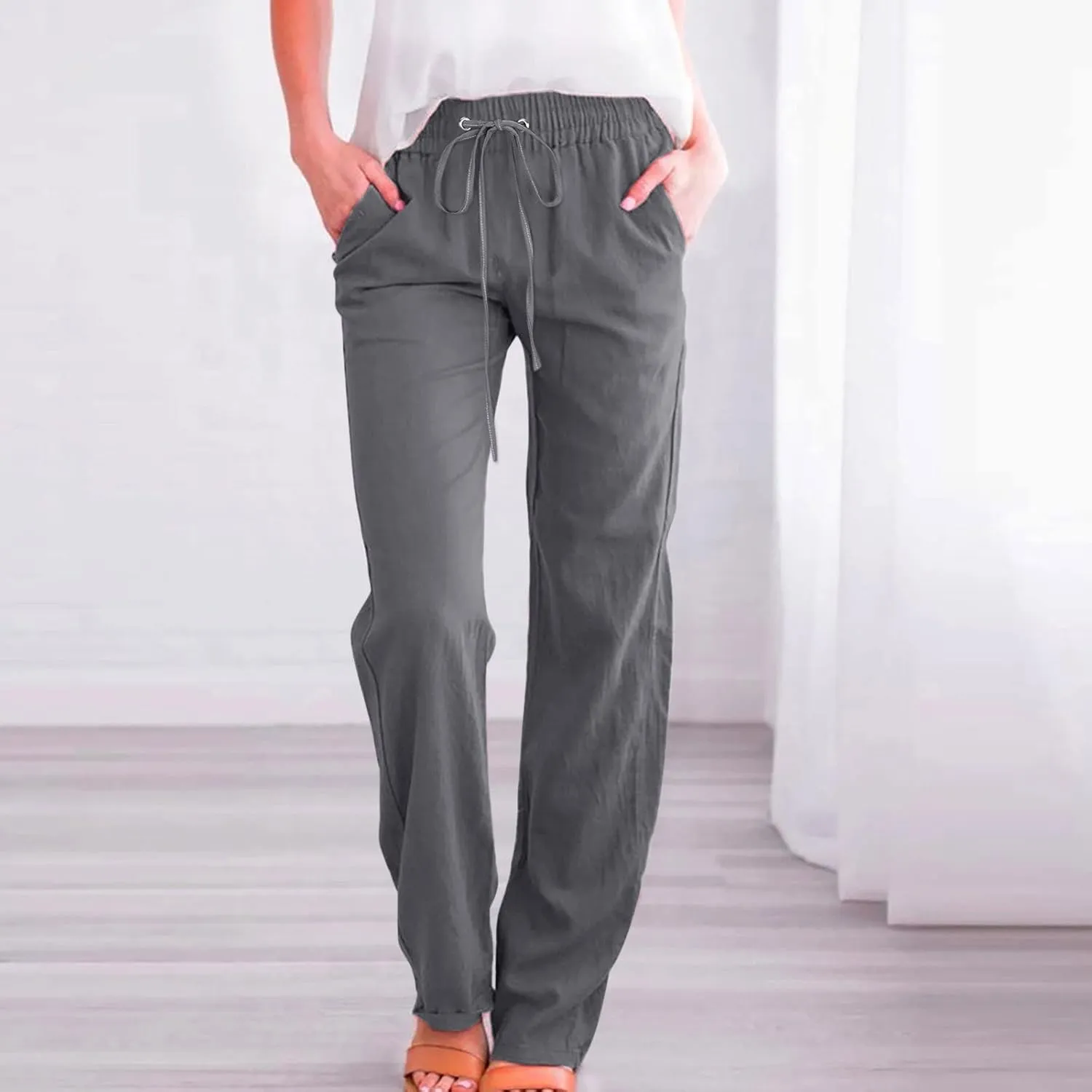Womens Linen Summer Trendy Palazzo Pants High Waist Wide Leg Slim Fit Palazzo Pants Business Work