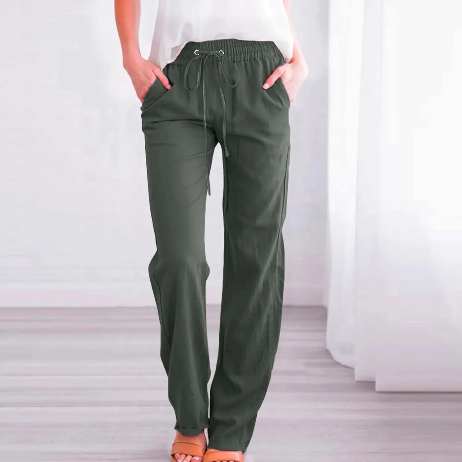 Womens Linen Summer Trendy Palazzo Pants High Waist Wide Leg Slim Fit Palazzo Pants Business Work