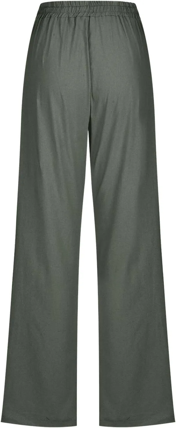 Womens Linen Summer Trendy Palazzo Pants High Waist Wide Leg Slim Fit Palazzo Pants Business Work
