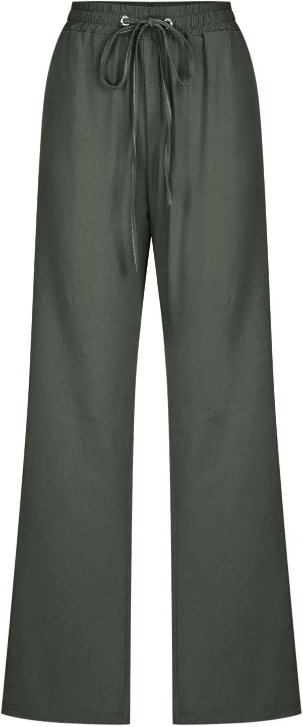Womens Linen Summer Trendy Palazzo Pants High Waist Wide Leg Slim Fit Palazzo Pants Business Work