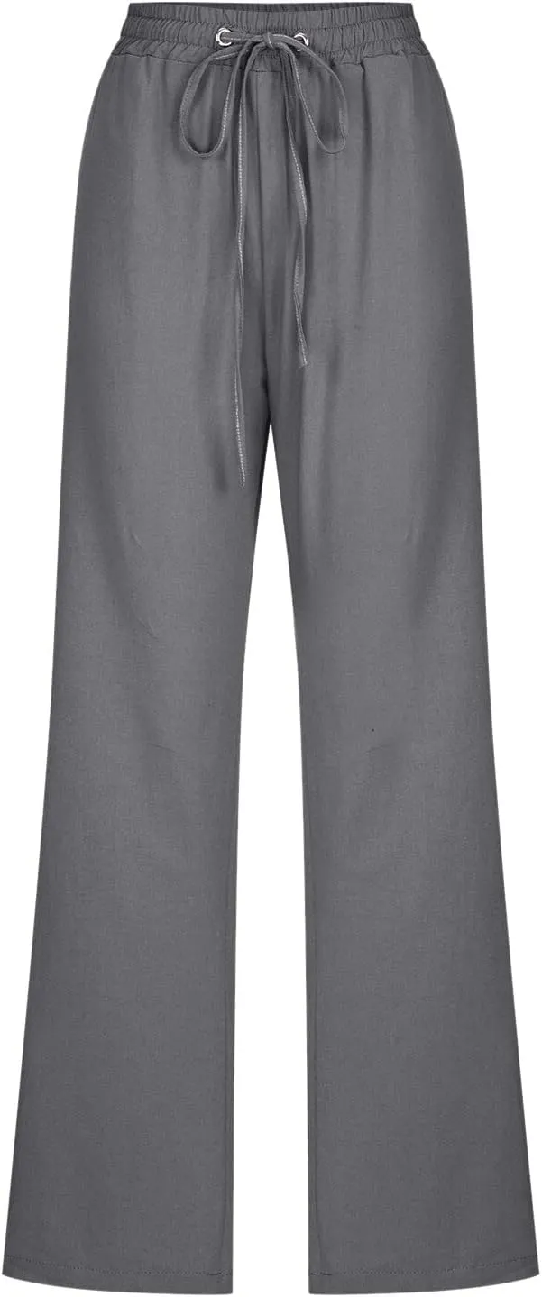 Womens Linen Summer Trendy Palazzo Pants High Waist Wide Leg Slim Fit Palazzo Pants Business Work