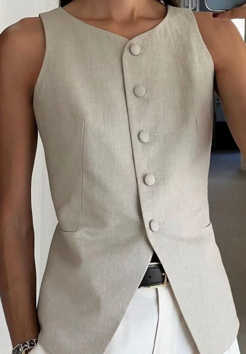 Women's Linen Waistcoat Slim Fit 5 Button V-Neck Dressy Suit Vest