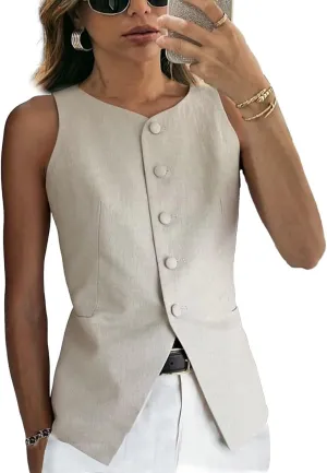 Women's Linen Waistcoat Slim Fit 5 Button V-Neck Dressy Suit Vest