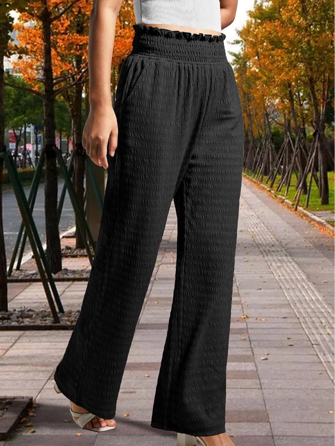 Women's Lounge Straight Pants Wide Leg Trousers 2024 Trendy High Waisted Business Texture Pants with Pockets